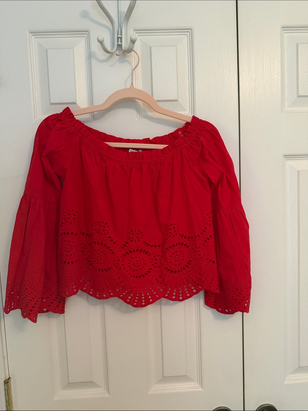 Blashe Cropped Red Eyelet Peasant Blouse Cotton S NWT